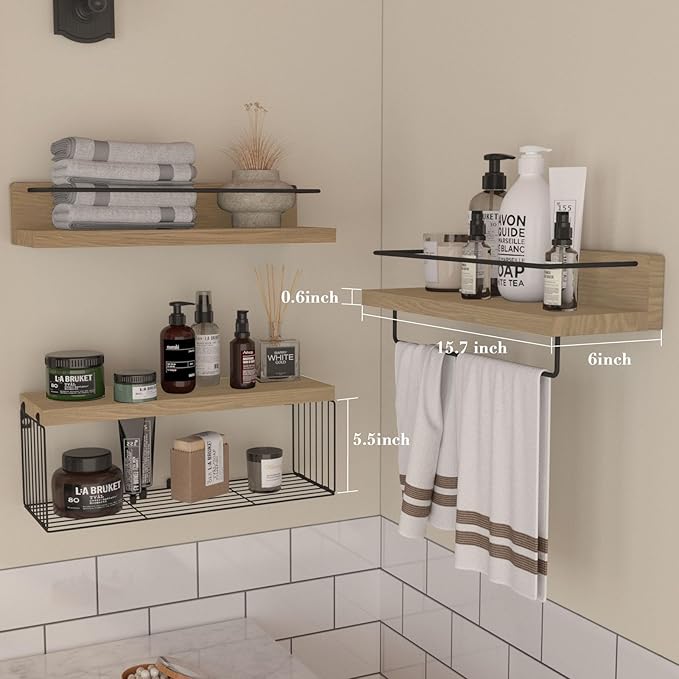 Bathroom Shelves Over Toilet for Wall, Floating Shelves with Storage Basket Paper Holer for Kitchen Living Room, Bedroom & Classroom, Set of 3 (Nature Wood)