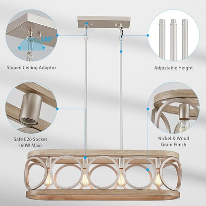 XINGQI Kitchen Island Chandelier for Dining Room Modern Farmhouse Rectangle Pendant Lighting Fixture Vintage Linear Hanging 4-Light Rustic Living Room, Antique Brushed Nickel and Wood Grain Finish