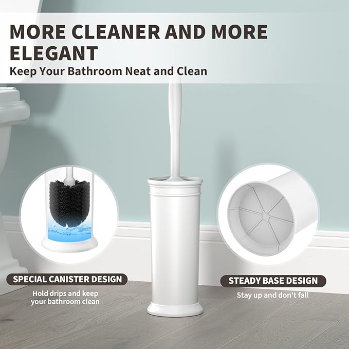 Toilet Brush and Holder 2 Pack, Toilet Bowl Brush with Extra Long Handle, Toilet Scrubber and Covered Holder, Toilet Brushes for Bathroom-Space Saving, Covered Brush, Durable, Deep Cleaning(White)