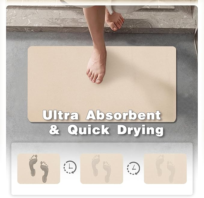 Bathroom Mat Quick Dry, Bathroom Rugs Non Slip Washable Thin Absorbent Bath Mat Fits Under Door Bathroom Floor Mat Perfect for Bath, Shower, or Sink 20"x30" Beige