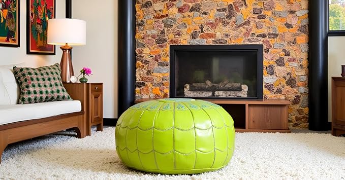 Stuffed Arch Design Moroccan Leather Pouf Ottoman, Handmade, Pre-Filled, 100% Genuine Leather, 14” Height x 22” Diameter – Boho Chic Footstool & Living Room Décor (Lime Green)