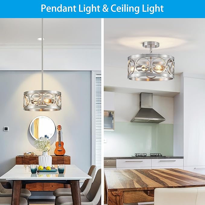 XINGQI Nickel Ceiling Light Adjustable Height Pendant Lighting Fixture 3-Light Metal Lamp 13" Rustic Round Lights for Dining Room Kitchen Bedroom Foyer Hallway