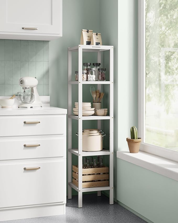 SONGMICS Bamboo Storage Shelf, 5-Tier Shelving Unit, Multifunctional, in The Entryway, Bathroom, Living Room, Balcony, Kitchen, 13 x 13 x 57.5 Inches, Cloud White UBCB055W01