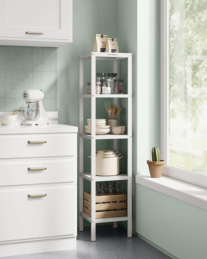 SONGMICS Bamboo Storage Shelf, 5-Tier Shelving Unit, Multifunctional, in The Entryway, Bathroom, Living Room, Balcony, Kitchen, 13 x 13 x 57.5 Inches, Cloud White UBCB055W01