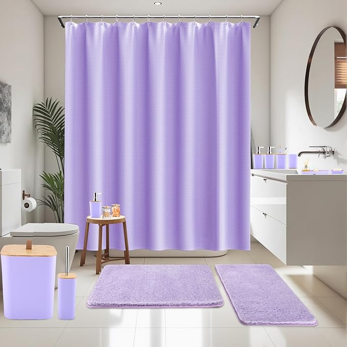 Bathroom Sets with Shower Curtain and Rugs, 27PCS Purple Bathroom Accessories Set with Trash Can, Purple Shower Curtain Set, No Slip Super Absorbent Bathroom Rugs