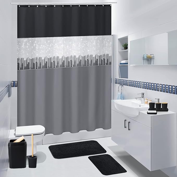 Bathroom Sets with Shower Curtain and Rugs,24PCS Black Bathroom Set Shower Curtain Set with Bathroom Trash Can Bathroom Accessories