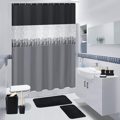 Bathroom Sets with Shower Curtain and Rugs,24PCS Black Bathroom Set Shower Curtain Set with Bathroom Trash Can Bathroom Accessories