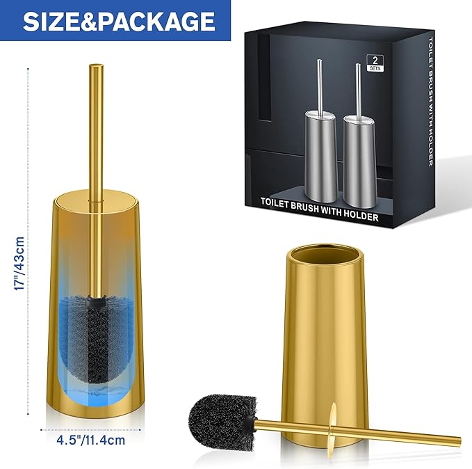 Toilet Brush and Holder, 2 Pack Toilet Brush Stainless Steel, Toilet Bowl Brush for Bathroom Toilet-Ergonomic, Elegant,Durable (Gold)