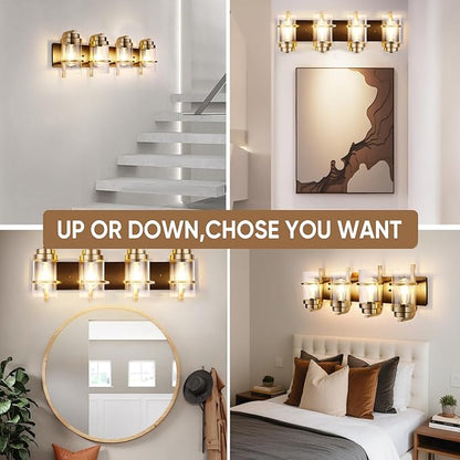 Black Gold Wall Sconces,Bathroom Vanity Light Fixtures,4 Lights Black Sconce Over Mirror,Farmhouse Bathroom Lights(Bulbs not Included)