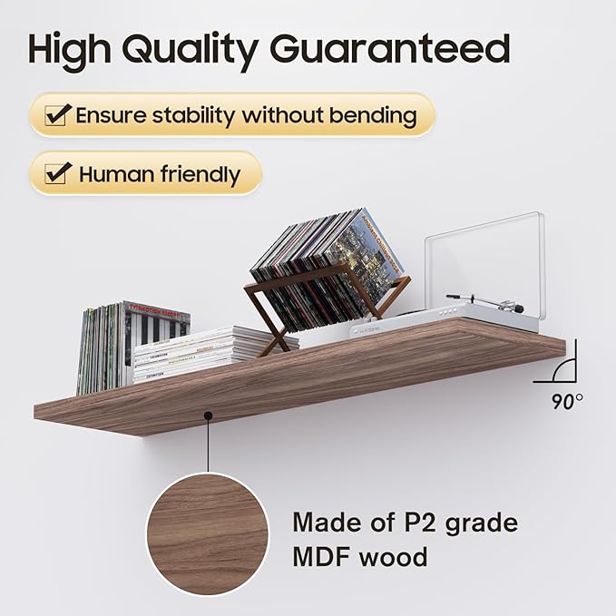 Wall Shelf Set of 2, Walnut Floating Shelves 24 in W x 10 in D x 1 in H, Wooden Floating Wall Shelf with Invisible Brackets for Living Room/Bedroom/Bathroom/Kitchen Storage and Decor