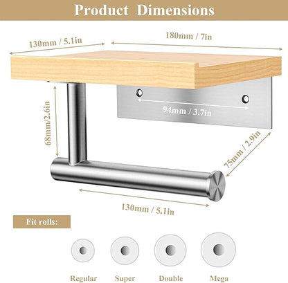Tindbea Toilet Paper Holder with Wood Shelf, Wooden Wall Mount Tissue Paper Roll Holder, Brushed Nickel Stainless Steel Bathroom Accessories Decor for Home (Maple, Brushed Nickel)