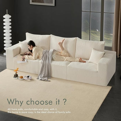 Boneless Cloud Couch Sofa for Living Room, 112" 3 Seater Beige Modern Lounge Sleeper Couch, No Assemble, Cordury Compression Upholstered Couches