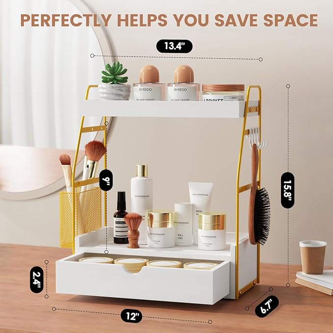 2 Tier Bathroom Counter Organizer with Drawer & Basket, Wooden Vanity Tray Countertop Shelf Accessories for Makeup Storage, Coffee Bar Station, Perfume Skincare, Kitchen, Bedroom (White)