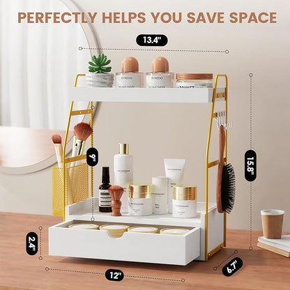 2 Tier Bathroom Counter Organizer with Drawer & Basket, Wooden Vanity Tray Countertop Shelf Accessories for Makeup Storage, Coffee Bar Station, Perfume Skincare, Kitchen, Bedroom (White)