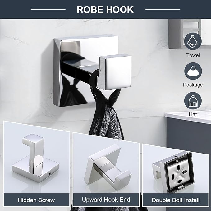 TQKAG 6-Piece Bathroom Towel Bar Sets Polished Chrome 23.6 inch Towel Bar Stainless Steel Towel Ring Coat Hook and Toilet Paper Holder Bathroom Hardware Set Wall Mounted Bathroom Accessories Kit