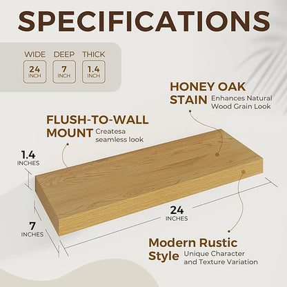 24 inch Floating Shelves Long Floating Shelves for Wall Large Wall Mounted Shelves with Invisible Brackets, Oak Shelves for Bathroom, Living Room, Kitchen, Office, 24x6.7 inch deep Set of 2