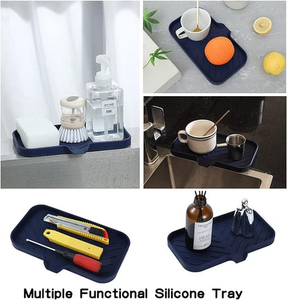 Silicone Bathroom Soap Dishes with Drain Spout-Kitchen Sink Organizer,Sponge Holder,Dish Soap Tray,Perfect for Dispenser,Scrubber,Bottle,Cup on Sink or Counter-Navy Blue 9.6"×5.3"