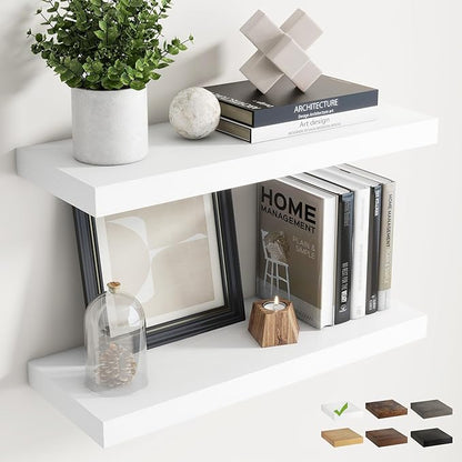 24 Inch Floating Shelves for Wall Set of 2, 8"D Wood Grain Bathroom Shelves with Invisible Brackets, Easy Install Engineered Wood Storage Shelves for Kitchen, Living Room, Bedroom, White Finish