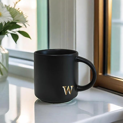 COLLECTIVE HOME - Black Monogram Ceramic Mugs, 15 oz Golden Initial Coffee Cups, Elegant Alphabet Tea Mugs, Personalized Halloween Mug with Gift Box, Perfect for Office and Home Décor (w)