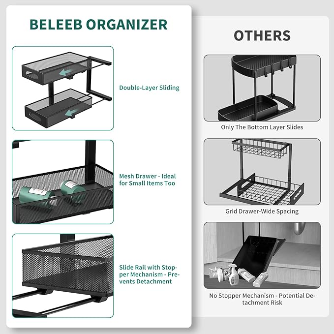 Under Sink Organizer, 1-Pack of 2-Tier Metal Slide Out Pull Out Cabinet Organizer Shelf, Height Adjustable Organization and Storage Series, Bathroom/Desktop/Cabinet/Kitchen organization, Black