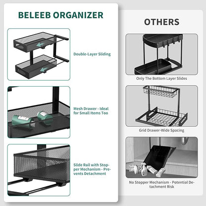 Under Sink Organizer, 1-Pack of 2-Tier Metal Slide Out Pull Out Cabinet Organizer Shelf, Height Adjustable Organization and Storage Series, Bathroom/Desktop/Cabinet/Kitchen organization, Black