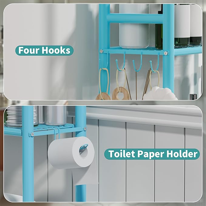3-Tier Over The Toilet Storage with Paper Holder, Metal Bathroom Organizers and Storage for Small Space, Freestanding Bathroom Shelves with 4 Hooks, Above The Toilet Storage Shelf, Blue