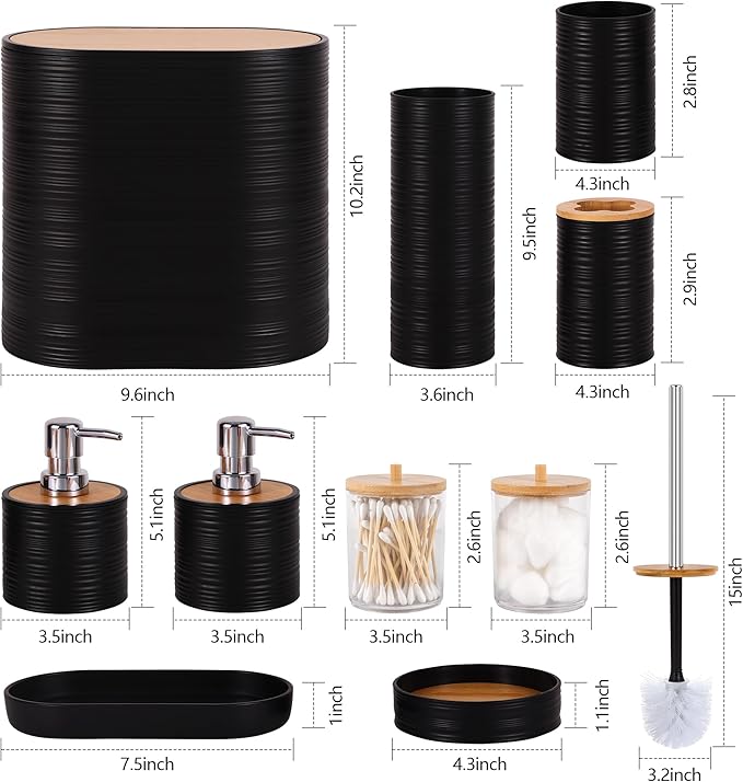 Black Bathroom Set, 25 PCS Bathroom Accessories Set with Shower Curtains, Rugs, Trash Can, Toothbrush Holder, Soap Dispensers, Toothbrush Cup, Vanity Tray, Soap Dish, Toilet Brush, Qtip Holders