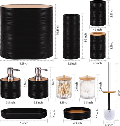 Bathroom Accessory Set,10 PCS Black Bathroom Accessories Set with Trash Can, Toothbrush Holder, Soap Dispenser, Toothbrush Cup, Vanity Tray, Soap Dish, Toilet Brush, Qtip Holders