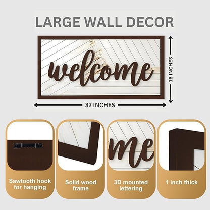Welcome Sign - Large Rustic Wooden Wall Decor for Farmhouse Living Room, Entryway, or Foyer | 32"x16" Hanging Wall Art