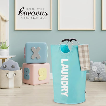 Caroeas 100L Laundry Basket,Large Laundry Hamper, Laundry Bag with Padded Handles, Clothes Hamper Stands Up Well, Collapsible Free Standing Easy Storage Washing Bin (Light Blue,100L)