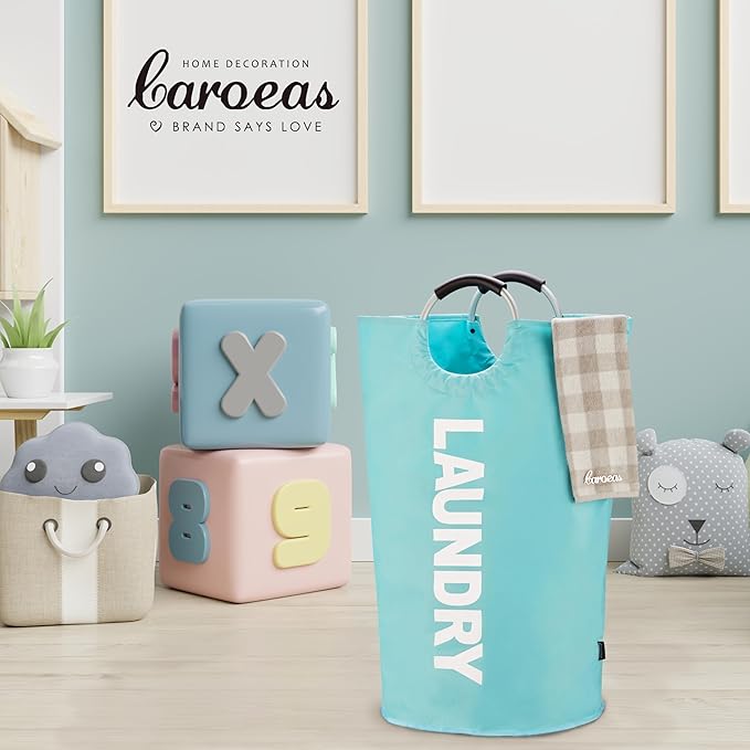 Caroeas 125L Laundry Basket,Large Laundry Hamper, Laundry Bag with Padded Handles, Clothes Hamper Stands Up Well, Collapsible Free Standing Easy Storage Washing Bin (Light Blue,125L)