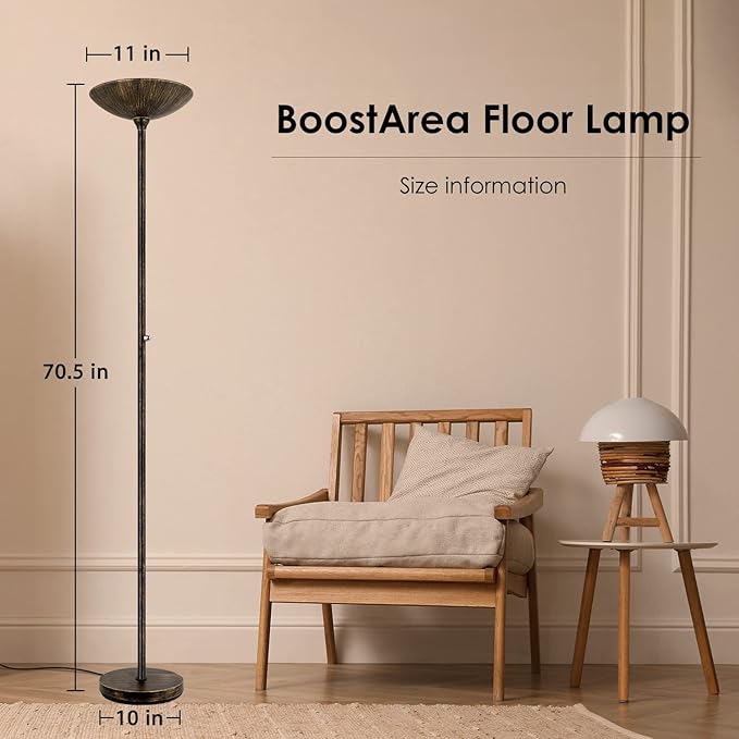 BoostArea Torchiere Floor Lamp Antique Bronze, 24W Super Bright LED Standing Lamp, 3000K Dimmable Pole Lamp with Rotary Switch, 70 Inch Tall Metal Modern Floor Lamps for Living Room/Bedroom/Office/Den