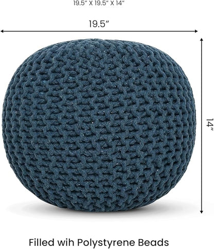 REDEARTH Round Pouf Bean Bag Ottoman - Foot Stool Hand Knitted - Home Decor Pouffe Stuffed - Cable Boho Poof Beanbag Footrest for Living Room - Nursery - Bedroom - Patio (19.5"x19.5"x14") - Teal