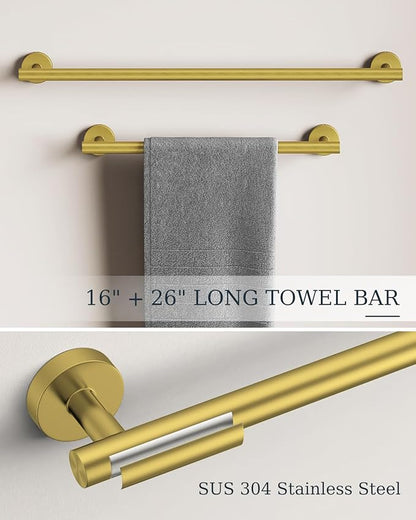 Brushed Gold Bathroom Accessories Set, SUS304 Stainless Steel 6 Pieces Bathroom Hardware Set, 16&26 Inch Bath Towel Bar Set, 2 Towel Hooks, Toilet Paper Holder, Towel Racks for Bathroom Wall Mounted