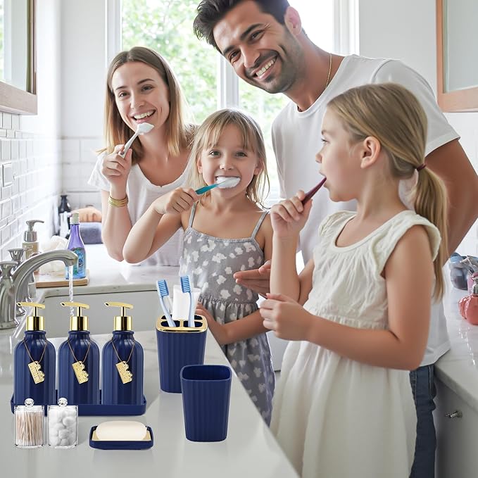32PCS Bathroom Accessory Set Bathroom Accessories Set Navy Blue Bathroom Set, Shower Curtain Set, 2 Piece Bath Towel Set, 3PC Soap Dispenser, Toilet Brush & Trash Can