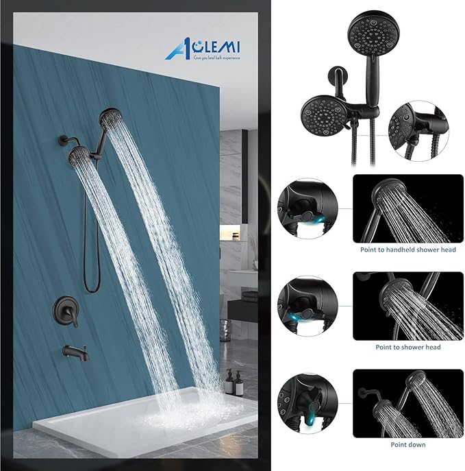 Aolemi Tub Shower Faucet Set with Tub Spout Rain Shower Head System Shower Trim Kit Pressure Rough-in Valve Included ABS 8 Setting Dual Shower Head and Handheld Spray Oil Rubbed Bronze