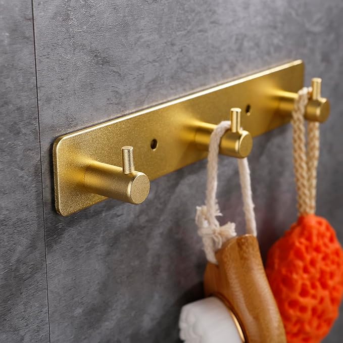 3 Gold Wall Hooks, Brushed Gold Bathroom Hook Rail, Self Adhesive Key Hook Rack Hanger Towel Robe Stick Hooks for Toilet Entryway Hallway Kitchen Wall Mounted