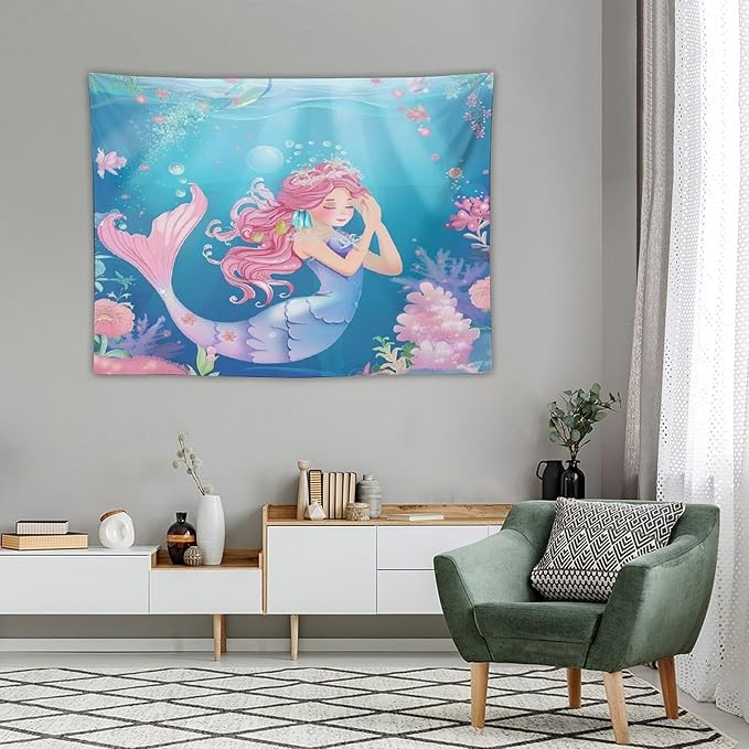HZOHNAGO Mermaid Girls Tapestry Watercolor Flowers Mermaid Princess Blessing Pattern for Kids Room Decoration Printed Wall Tapestry Wall Hanging for Bedroom Living Room Dorm 40" W x 30" H