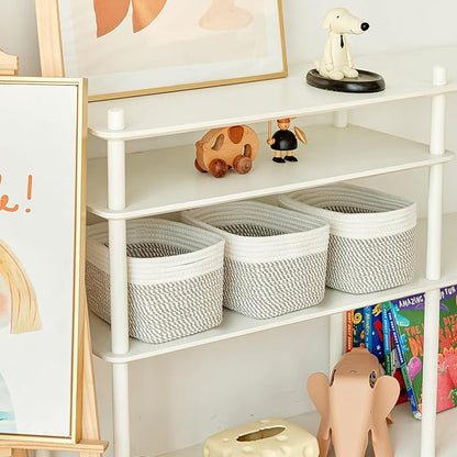 Small Cotton Rope Storage Basket Set of 3-11"x7"x7" Perfect Woven Baskets for Storage, Ideal Storage Baskets for Organizing Toys, Towels, and More - Baskets for Shelves（White & Mixed Grey）