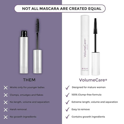 VolumeCare+ Mascara For Older Women - Extreme Length and Volume 2-in-1 Formula - No Clumps, Long-Wearing, Hypoallergenic Mascara For Sensitive Eyes (Natural Black)