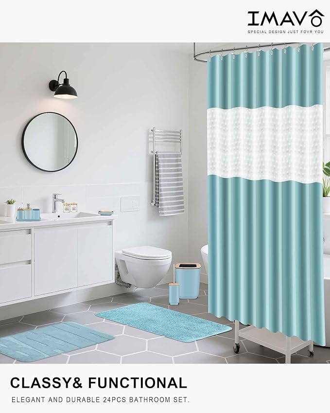 Bathroom Accessories Set,Blue Bathroom Set,24 Pieces Bathroom Accessory Set with Shower Curtain,Trash Can for Bathroom Accessories Décor and Home Gifts
