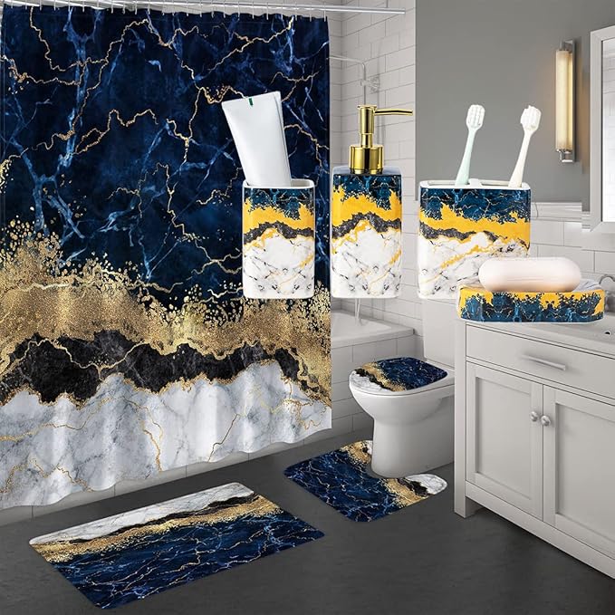 4 Piece Bathroom Accessories Set - Blue Bathroom Accessory Sets Includes Lotion Dispenser, Toothbrush Holder Tumbler, and Soap Dish - Glossy Finish (Marble, Blue)