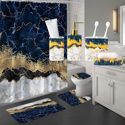 4 Piece Bathroom Accessories Set - Blue Bathroom Accessory Sets Includes Lotion Dispenser, Toothbrush Holder Tumbler, and Soap Dish - Glossy Finish (Marble, Blue)