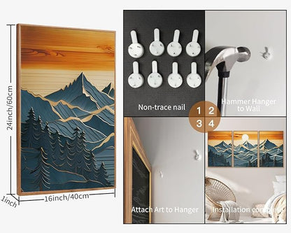 Tinonedraw Vintage Mountain Framed Canvas Wall Art Set of 3, Boho Nature Wilderness Art Prints, Mid Century Modern Ridge Scenery Wall Decor, Sunrise Forest Woodcut Style Art Paintings for Living Room Bedroom, Office 16"x24"