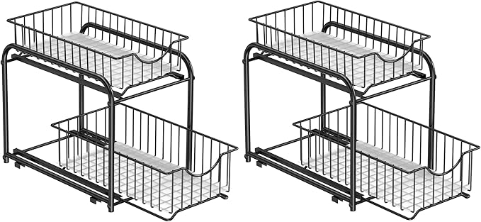 SONGMICS 4-Tier Pull Out Cabinet Organizers, Under Sink Organizer, Bathroom Organizer and Storage, Sliding Basket Drawers, Stackable for Kitchen, Bathroom, Ink Black UKCS017B02