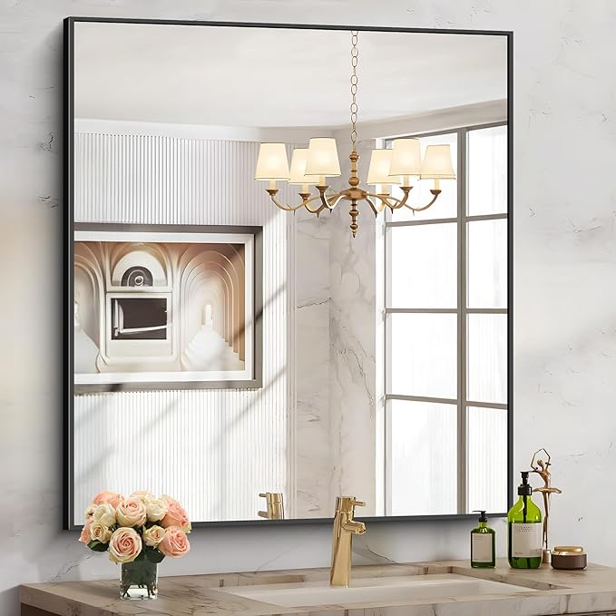 Black Bathroom Mirror for Wall, 36x40 Inch Rectangle Mirrors with Metal Frame, Modern Rectangular Wall Mirror for Bathroom Living Room, Entryway Hangs Horizontal or Vertical