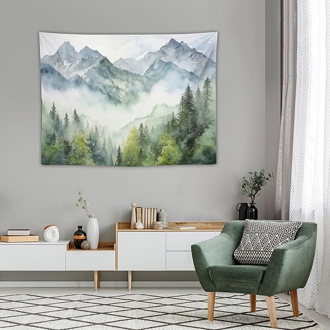 HZOHNAGO Mountain Tapestry Misty Green Forest Mountain Pattern Printed Wall Tapestry Wall Hanging for Bedroom Living Room Dorm 40" W x 30" H