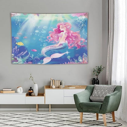 HZOHNAGO Mermaid Girls Tapestry Watercolor Mermaid Princess Pink Hair Pattern for Kids Room Decoration Printed Wall Tapestry Wall Hanging for Bedroom Living Room Dorm 90" W x 60" H