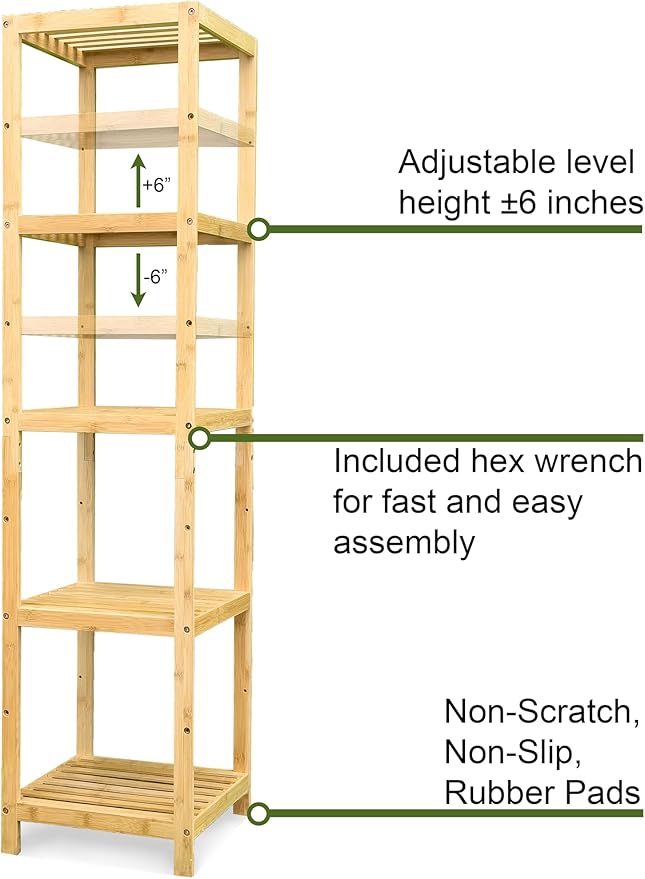 Bam & Boo - 5-Tier Multipurpose Square Shelf Modern Natural Bamboo - for Living Room, Bedroom, Office, Kitchen, Pantry(55” x 13.4” x 13.4”)