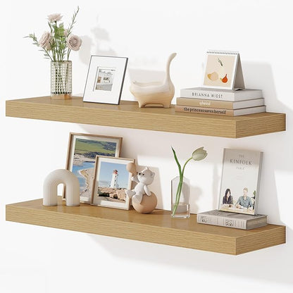 36 Inches Floating Shelves for Wall, 9.3" Deep Long Floating Shelves Set of 2, Large Display & Storage Shelf, Wall Shelf for Bathroom Bedroom Living Room Kitchen Office, Oak